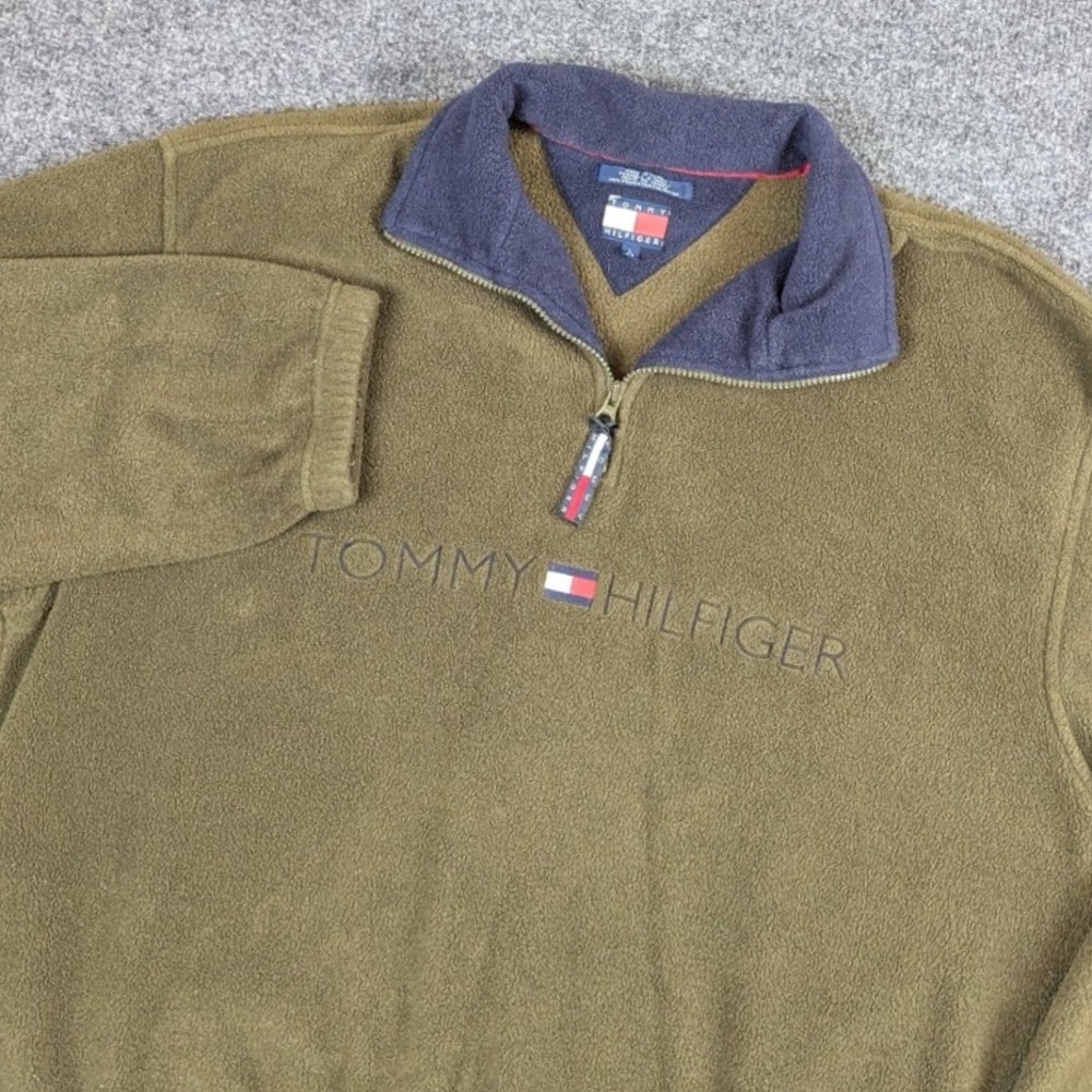 VTG Tommy Hilfiger Vintage 1/4 Zip Fleece Pullover Olive Green Mens Large Logo